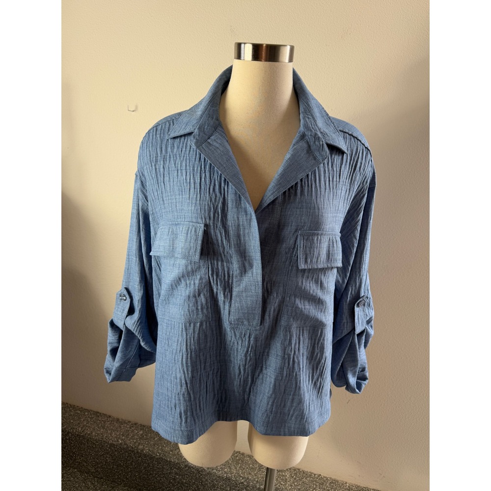 Max Studio Womens XL Blue Button Roll Tab Sleeve Shirt Boxy Blouse Top